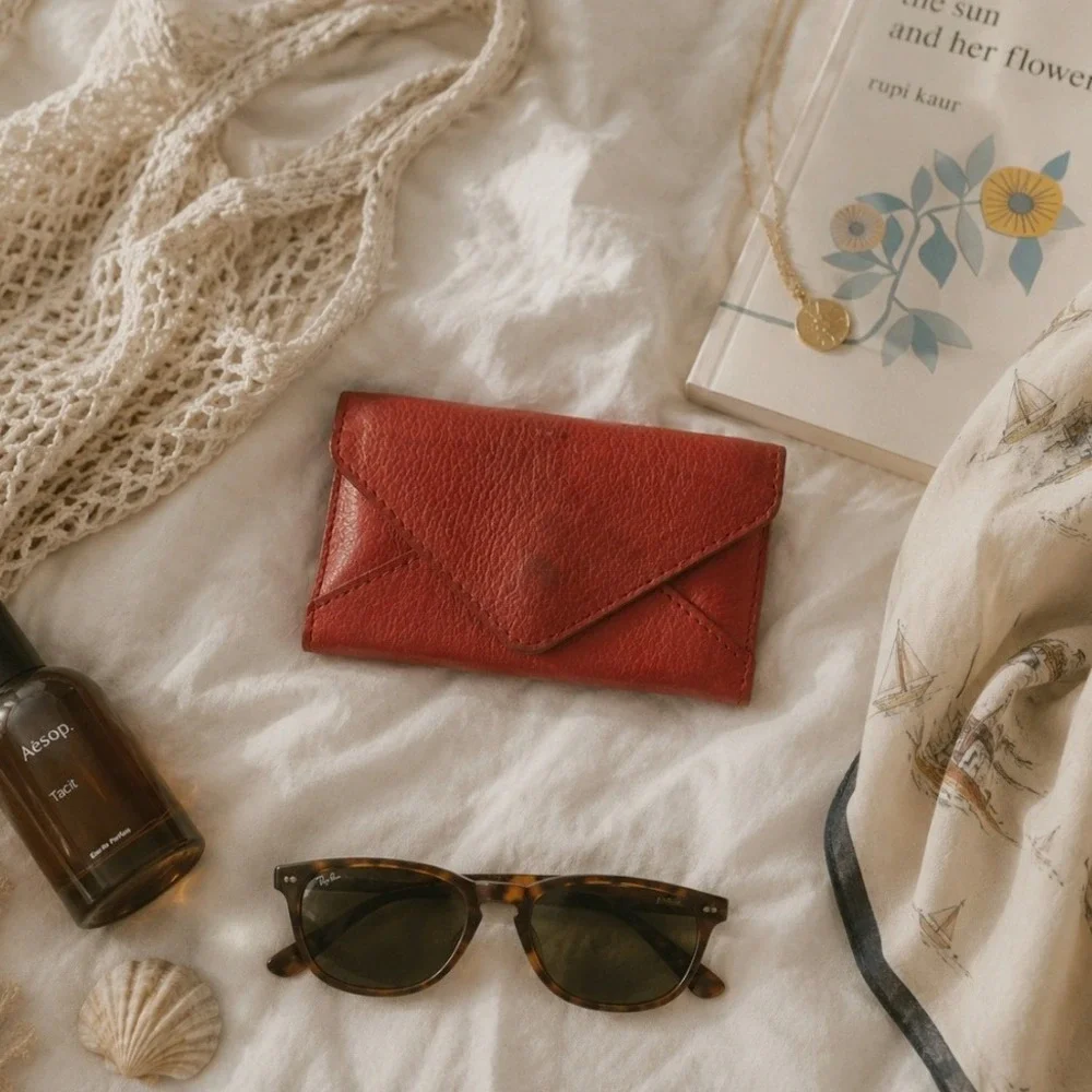 Vintage Pebbled Leather Envelope Wallet Card Holder Small Red Western Boho Luxe